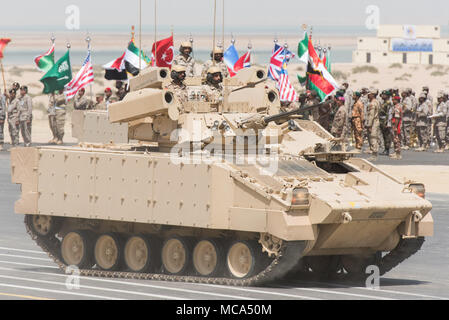 Jubail, Saudi Arabia, 14th Apr, 2018. Photo taken on April 14, 2018 shows an armored vehicle during a ceremony show for the 'Gulf Shield Joint Exercise-1' in eastern Saudi Arabia. Troops from 25 countries performed a live-ammunition drill in eastern Saudi Arabia on Saturday, one day before the 29th Arab League Summit. Credit: Meng Tao/Xinhua/Alamy Live News Stock Photo