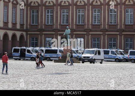 Mannheim, Germany. 14th April 2018. A large number of police officer are surrounding the protest. Kurdish people and German supporters marched through Mannheim to protest against the continued occupation of the Syrian city of Afrin, which was controlled by the Kurdish Popular Protection Units (YPG) before it got conquered by the Turkish army. They also protested against the German involvement via weapons exports to Turkey. Credit: Michael Debets/Alamy Live News Stock Photo