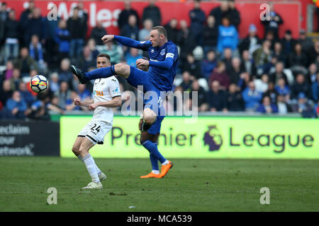 South Wales, UK, 14 April 2018. Wayne Rooney of Everton in action.  Premier League match, Swansea city v Everton at the Liberty Stadium in Swansea, South Wales on Saturday 14th April 2018.  this image may only be used for Editorial purposes. Editorial use only, license required for commercial use. No use in betting, games or a single club/league/player publications.  Credit: Andrew Orchard sports photography/Alamy Live News Stock Photo