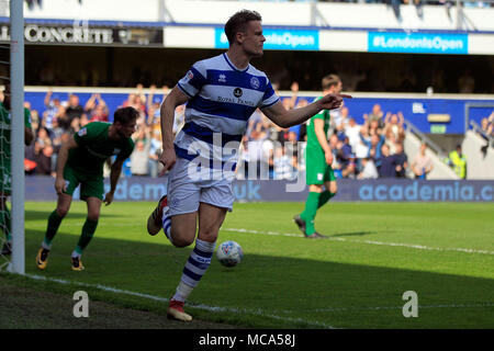 London, UK, 14 April 2018. Matt Smith of Queens Park Rangers celebrates after scoring his team's first goal. EFL Skybet championship match, Queens Park Rangers v Preston North End at Loftus Road in London on Saturday 14th April 2018.  this image may only be used for Editorial purposes. Editorial use only, license required for commercial use. No use in betting, games or a single club/league/player publications. pic by Steffan Bowen/Andrew Orchard sports photography/Alamy Live news Credit: Andrew Orchard sports photography/Alamy Live News Stock Photo