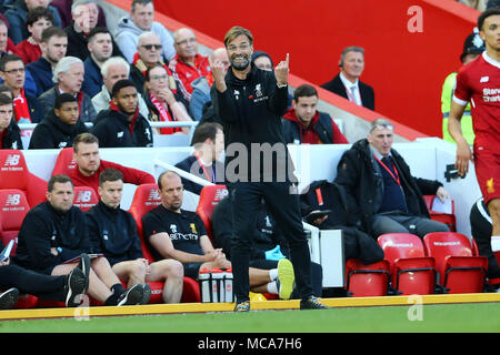 Liverpool, UK, 14 April 2018.Liverpool Manager Jurgen Klopp gestures and  shouts his  instructions. Premier League match, Liverpool v AFC Bournemouth at Anfield Stadium in Liverpool on Saturday 14th April 2018.  this image may only be used for Editorial purposes. Editorial use only, license required for commercial use. No use in betting, games or a single club/league/player publications. pic by Chris Stading/Andrew Orchard sports photography/Alamy Live news Credit: Andrew Orchard sports photography/Alamy Live News Stock Photo