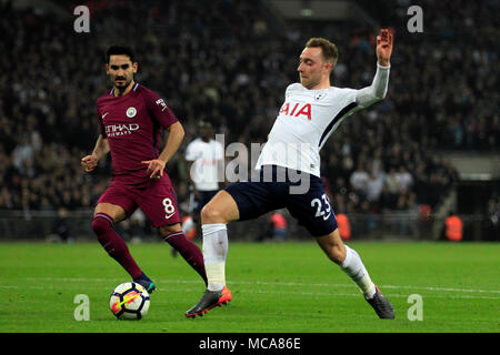 London, UK 14th April 2018 Christian Eriksen of Tottenham Hotspur (R) scores his team's first goal. Premier League match, Tottenham Hotspur v Manchester City at Wembley Stadium in London on Saturday 14th April 2018.  this image may only be used for Editorial purposes. Editorial use only, license required for commercial use. No use in betting, games or a single club/league/player publications. pic by Steffan Bowen/Andrew Orchard sports photography/Alamy Live news Stock Photo