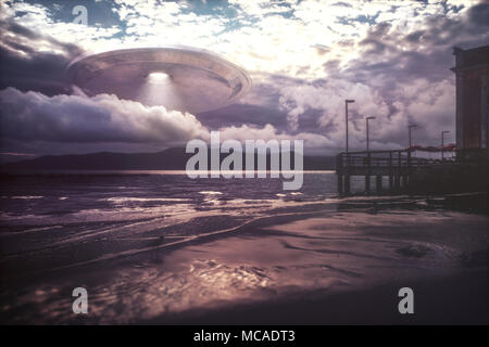 Alien spacecraft coming out of the clouds over the sea. Stock Photo