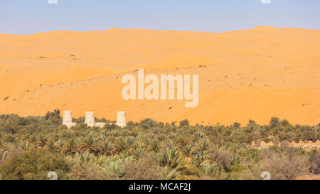 A magnificent Arabian fort situated in an oasis against the dunes in the Liwa area of Abu Dhabi in the UAE. Stock Photo