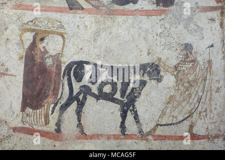 Funeral cortege depicted in the Lucanian fresco from around 350 BC from the Tomb 47 of the Andriuolo Necropolis on display in the Paestum Archaeological Museum (Museo archeologico di Paestum) in Paestum, Campania, Italy. Stock Photo