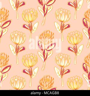 Orange protea flower seamless vector pattern. Stock Vector