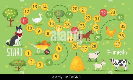 Vector flat style illustration of kids farm board game template. For print. Stock Vector