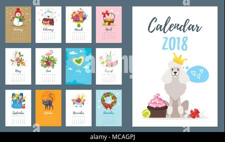 Vector cartoon style illustration of 2018 dog year monthly calendar. Template for print. Different symbols of the month on every page. Stock Vector