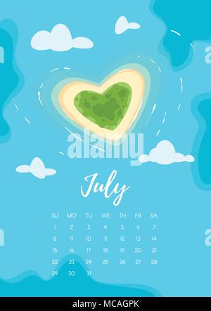 Vector cartoon style illustration of July 2018 year calendar page with tropical paradise heart shaped romantic island in the azure colored sea. Templa Stock Vector