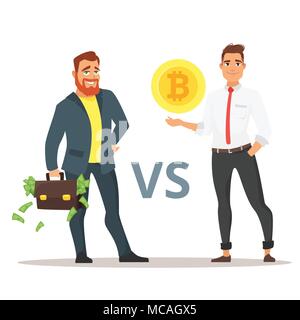 Vector cartoon illustration of two businessman: red bearded with paper dollar money suitcase and another with bitcoin. Versus concept. Make a choice:  Stock Vector