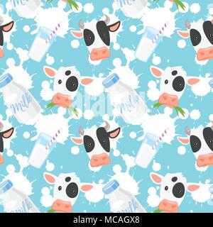 Vector cartoon style pattern with cows, milk bottle and milk glass on blue background with white blobs. Stock Vector