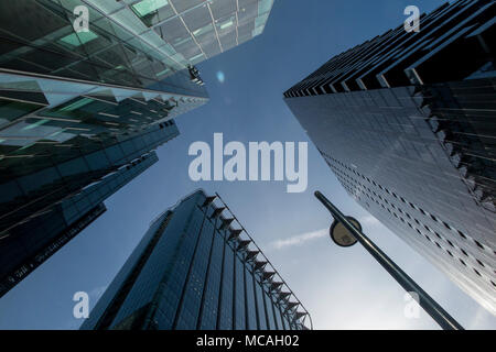 A dramatic view of the Heron Building and surrounding Stock Photo