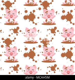 Vector cartoon style seamless pattern with cute happy pink pig bathing in mud. White background. Stock Vector