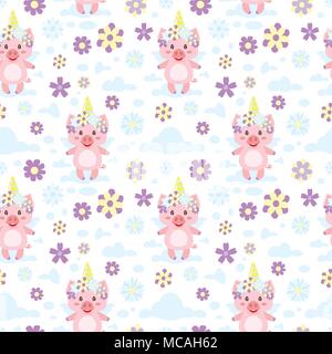 Vector cartoon style seamless pattern with cute pigs with unicorn horn and floral wreath. White background with clouds and flowers. Stock Vector