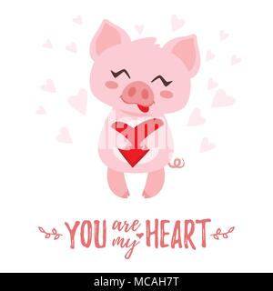 Vector cartoon style illustration of cute pink pig with heart in his hand. Isolated on white background with hearts. You are my heart text. Stock Vector