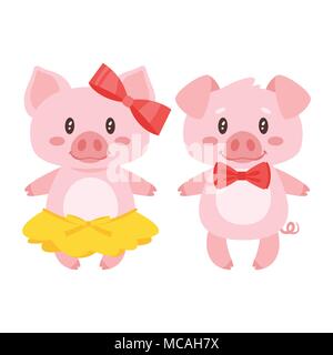 Vector cartoon style illustration of cute pink pig character: boy and girl in yellow skirt and red bow. Isolated on white background. Stock Vector