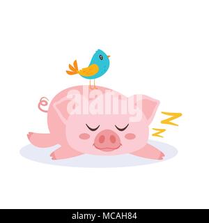 Vector cartoon style illustration of cute sleeping pink pig and a bird standing on it. Isolated on white background. Stock Vector