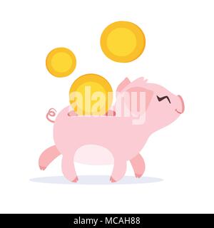 Vector cartoon style illustration of cute pink piggy bank and golden coins.  Pig running and smiling. Isolated on white background. Stock Vector