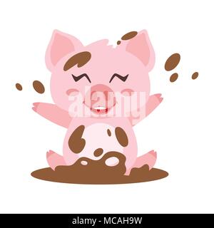 Vector cartoon style illustration of cute happy pink pig bathing in mud. Isolated on white background. Stock Vector