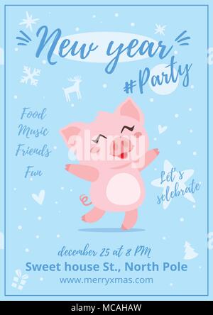 Vector cartoon style New Year party poster template with happy dancing pink pig on blue background with snowflakes. Stock Vector