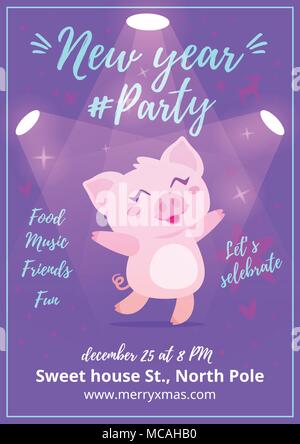 Vector cartoon style New Year party poster template with happy dancing pink pig on violet background. Stock Vector