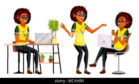 Business African Black Woman Character Vector. American Elegant Modern Girl. Expressions. Working On The Computer. Desk. Cartoon Illustration Stock Vector