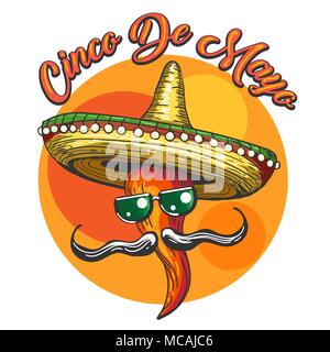 Cheerful red pepper jalapeno in sombrero. Symbols of mexican holiday Cinco de Mayo drawn in retro style. Vector illustration. Stock Vector