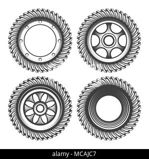 Hand drawn set of gear wheels in engraving style isolated on white. Vector illustration. Stock Vector