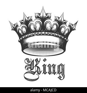 Black and white king crown drawn in Engraving style. Vector illustration. Stock Vector