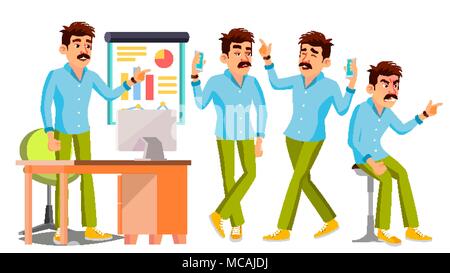 Business Man Character Vector. Working Male. Environment Process. Start Up. Casual Clothes. Worker. Full Length. Programmer, Manager. Expressions. Flat Business Character Illustration Stock Vector