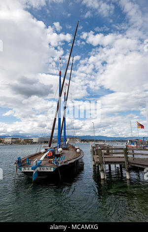 Geneva, Switzerland - may 13, 2018 : The Neptune is a Lake Geneva boat used  for the transportation of goods. Built in 1904, it is one of the last wi Stock Photo