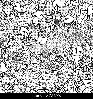 Hand drawn seamless pattern with leaves and flowers. Doodles floral ornament. Black and white decorative elements. Perfect for wallpaper, adult coloring books, web page background, surface textures. Stock Vector