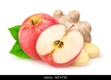 Cut red apple and ginger isolated on white background with clipping path Stock Photo