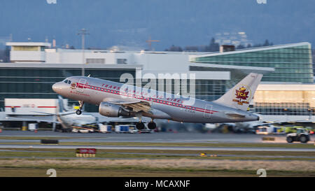 Richmond, British Columbia, Canada. 11th Mar, 2018. An Air Canada Airbus A319 (C-FZUH) narrow-body jet airliner, painted in Trans-Canada Air Lines legacy livery, takes off from Vancouver International Airport. Credit: Bayne Stanley/ZUMA Wire/Alamy Live News Stock Photo