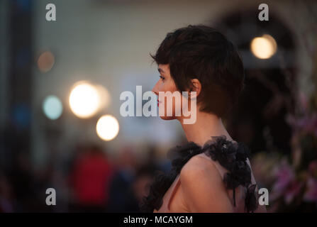 Spanish actress Paz Vega poses on the red carpet outside of the Cervantes Theatre during the 21th International Malaga Film Festival, in Malaga. Stock Photo