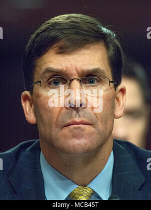 Mark T. Esper, Secretary of The United States Army, appears before the US Senate Committee on Armed Services to give testimony 'on the posture of the Department of the Army in review of the Defense Authorization Request for Fiscal Year 2019 and the Future Years Defense Program' on Capitol Hill in Washington, DC on Thursday, April 12, 2018. Credit: Ron Sachs/CNP · NO WIRE SERVICE · Photo: Ron Sachs/Consolidated News Photos/Ron Sachs - CNP Stock Photo