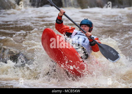 Helsinki, Finland. 15th April, 2018. Unidentified racer at the annual Icebreaker whitewater kayaking competition at the Vanhankaupunginkoski rapids in Helsinki, Finland. Credit: Mikko Palonkorpi/Alamy Live News Stock Photo