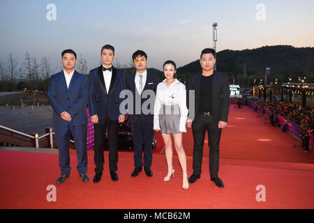 Beijing, China. 15th Apr, 2018. Cast members of movie 'Dear, I Will Marry to Others' pose on the red carpet before the opening ceremony of the 8th Beijing International Film Festival (BJIFF) in Beijing, capital of China, April 15, 2018. Credit: Luo Xiaoguang/Xinhua/Alamy Live News Stock Photo