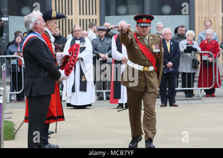 Manchester, UK. 15th Apr, 2018. Remembrance Parade and service to commemorate The Battle Of Manchester Hill 100 years ago in France which saw the loss of 79 men, Manchester,15th April, 2018 (C)Barbara Cook/Alamy Live News Credit: Barbara Cook/Alamy Live News Stock Photo