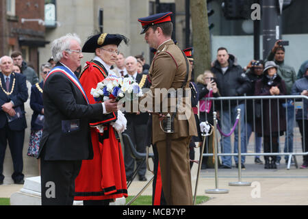 Manchester, UK. 15th Apr, 2018. Remembrance Parade and service to commemorate The Battle Of Manchester Hill 100 years ago in France which saw the loss of 79 men, Manchester,15th April, 2018 (C)Barbara Cook/Alamy Live News Credit: Barbara Cook/Alamy Live News Stock Photo
