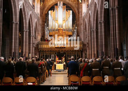 Manchester, UK. 15th Apr, 2018. Service to commemorate The Battle Of Manchester Hill 100 years ago in France which saw the loss of 79 men, Manchester Cathedral, Manchester,15th April, 2018 (C)Barbara Cook/Alamy Live News Credit: Barbara Cook/Alamy Live News Stock Photo