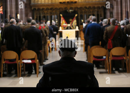 Manchester, UK. 15th Apr, 2018. Service to commemorate The Battle Of Manchester Hill 100 years ago in France which saw the loss of 79 men,Manchester Cathedral, Manchester,15th April, 2018 (C)Barbara Cook/Alamy Live News Credit: Barbara Cook/Alamy Live News Stock Photo