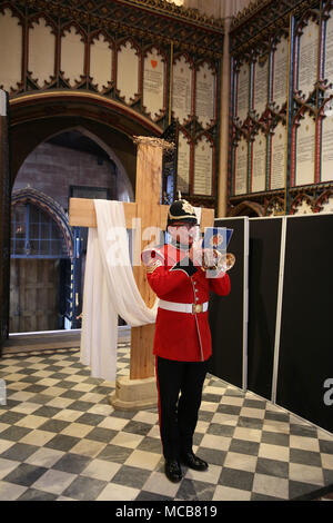 Manchester, UK. 15th Apr, 2018. Bugle is played at service to commemorate The Battle Of Manchester Hill 100 years ago in France which saw the loss of 79 men, Manchester Cathedral,Manchester,15th April, 2018 (C)Barbara Cook/Alamy Live News Credit: Barbara Cook/Alamy Live News Stock Photo