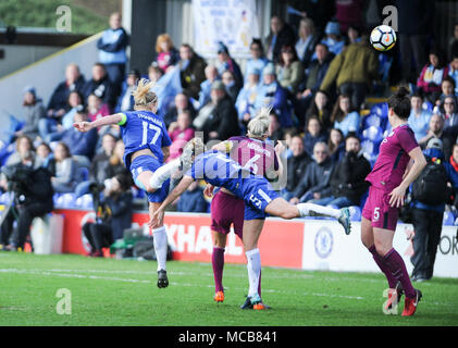 Kingston upon Thames, London, England. 15th April 2018:   Katie Chapman of Chelsea heads towards goal during Chelsea's 2-0 win in the SSE Women's FA Cup Semi-final match between Chelsea Ladies and Women's FA Cup holders Manchester City Women at The Cherry Red Records Stadium in Surrey. © David Partridge / Alamy Live News Stock Photo