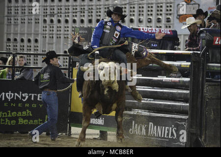 Tacoma, Washington, USA. 14th Apr, 2018. Professional bull riders in action at the PBR-Tacoma Invitational at the Tacoma Dome in Tacoma, WA. Credit: Jeff Halstead/ZUMA Wire/Alamy Live News Stock Photo