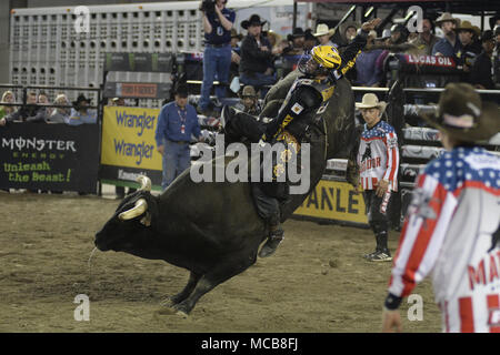 Tacoma, Washington, USA. 14th Apr, 2018. Professional bull riders in action at the PBR-Tacoma Invitational at the Tacoma Dome in Tacoma, WA. Credit: Jeff Halstead/ZUMA Wire/Alamy Live News Stock Photo