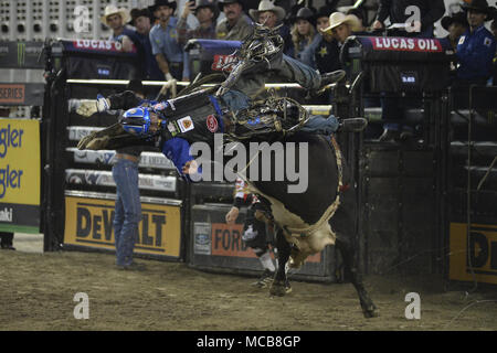 Tacoma, Washington, USA. 14th Apr, 2018. Professional bull riders in action at the PBR-Tacoma Invitational at the Tacoma Dome in Tacoma, WA. Credit: Jeff Halstead/ZUMA Wire/Alamy Live News Stock Photo