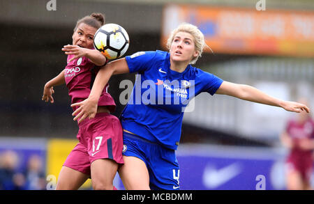 Chelsea's Millie Bright (right) and Manchester City's Nikita Parris (left) battle for the ball during the SSE Women's FA Cup Semi Final match at Kingsmeadow Stadium, London. Stock Photo