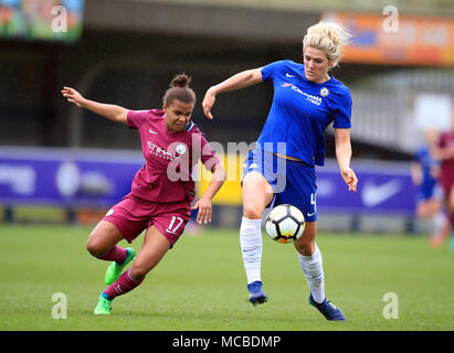 Chelsea's Millie Bright (right) and Manchester City's Nikita Parris (left) battle for the ball during the SSE Women's FA Cup Semi Final match at Kingsmeadow Stadium, London. Stock Photo