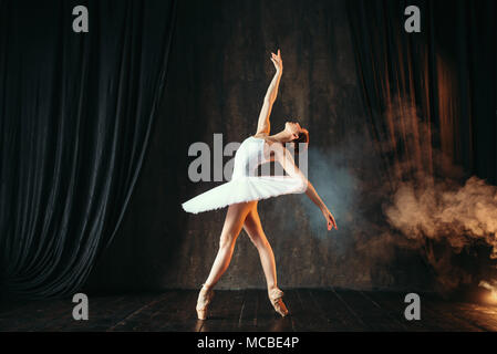 Woman ballerina in a white ballet skirt dancing in pointe shoes in ...